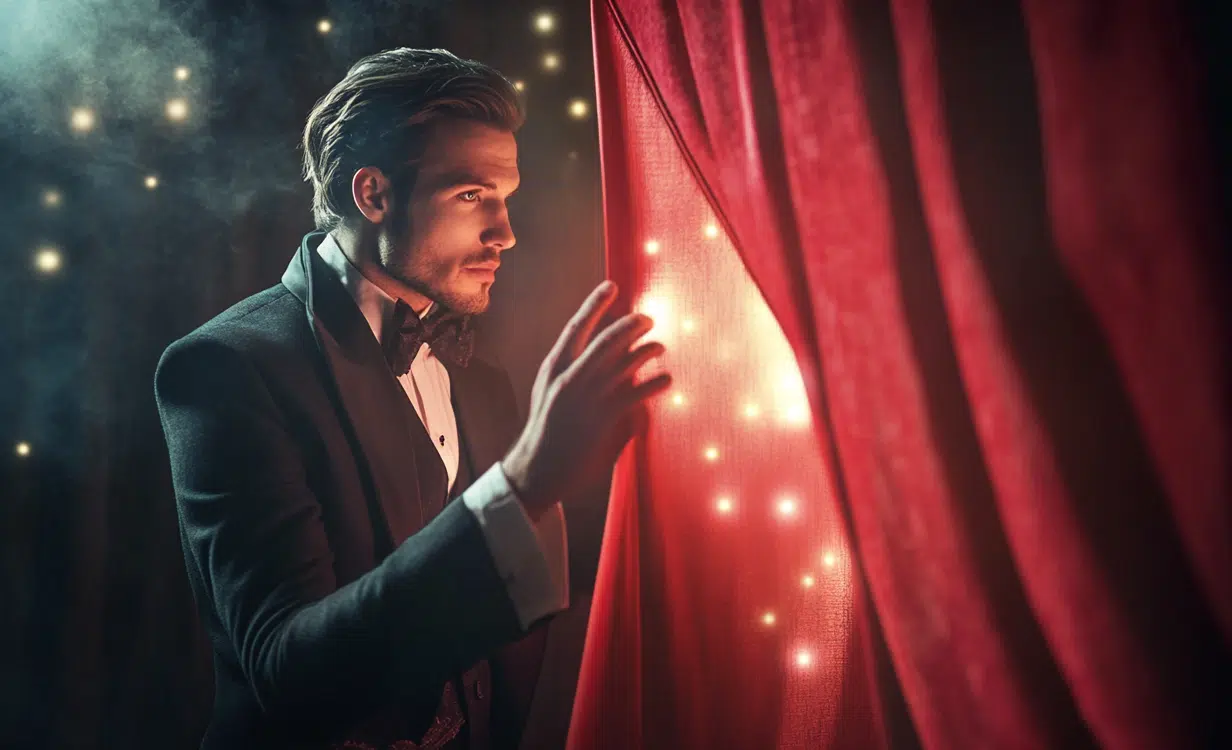 A magician pulling back a curtain to reveal a secret.