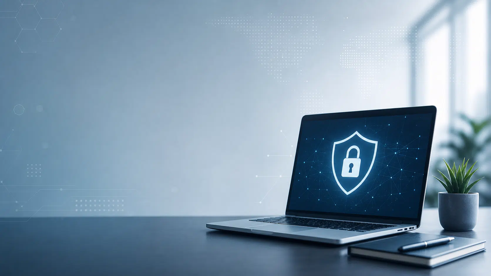 A modern desk with a laptop displaying a shield and padlock icon, representing cybersecurity, with a small plant and notebook beside it