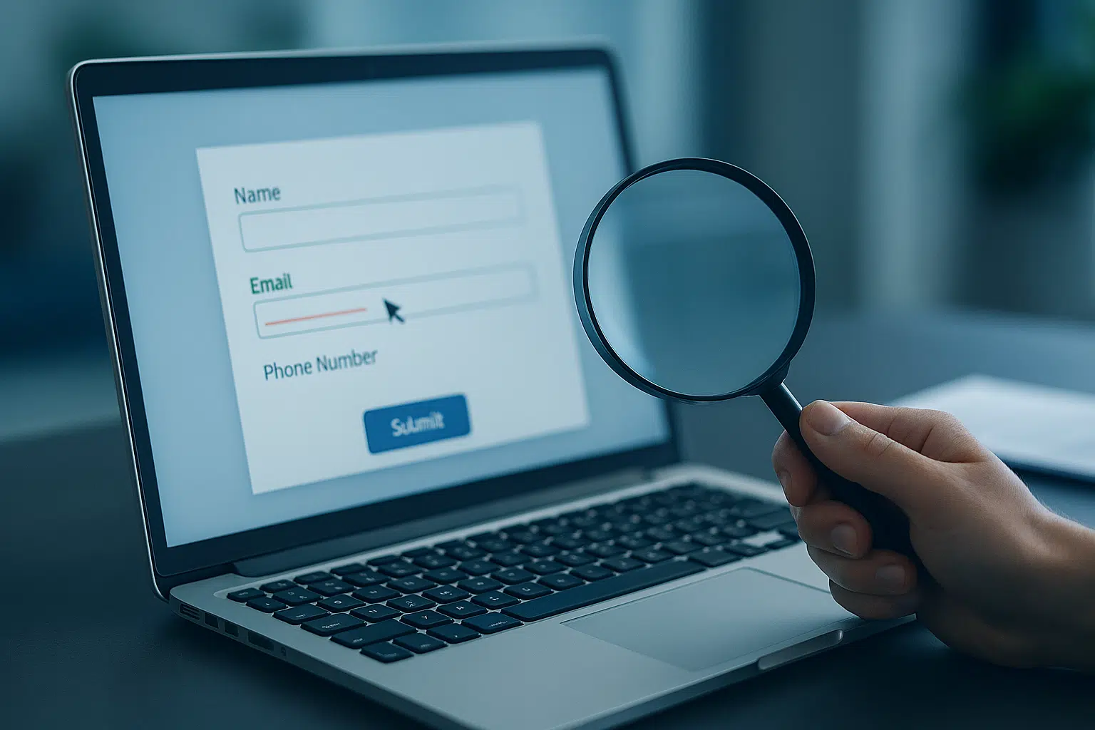 An image depicting a person investigating an email submission form.