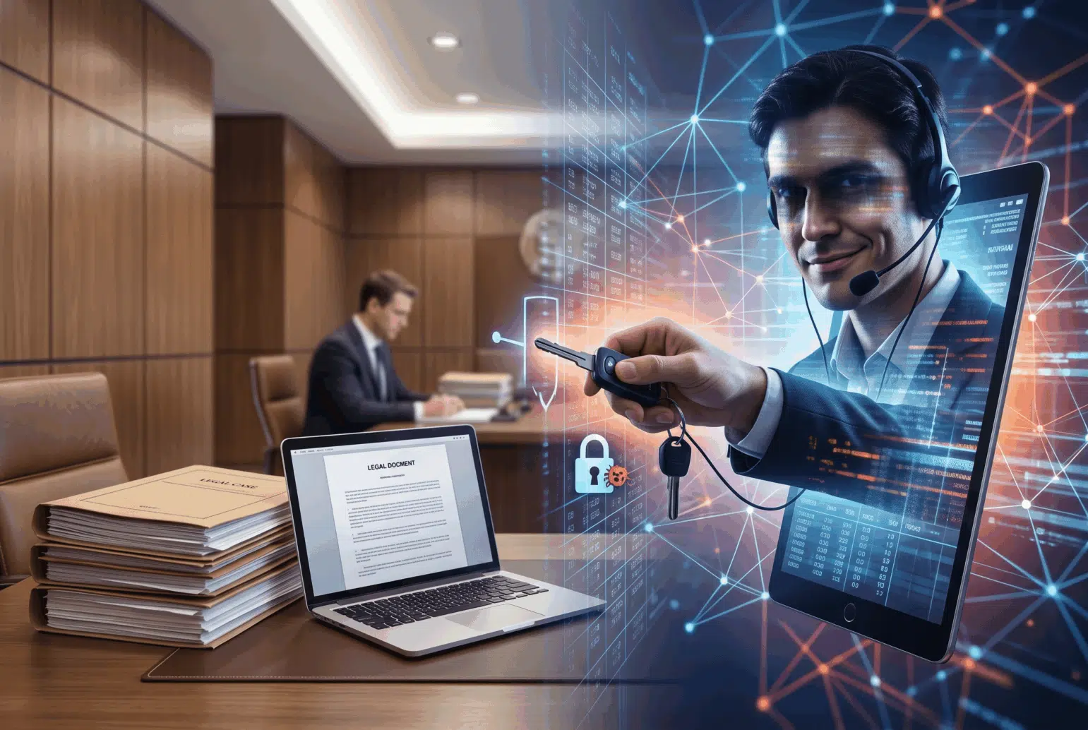 Conceptual image of a hacker breaking into a law firm's computer network.