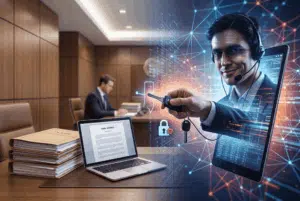 Conceptual image of a hacker breaking into a law firm's computer network.