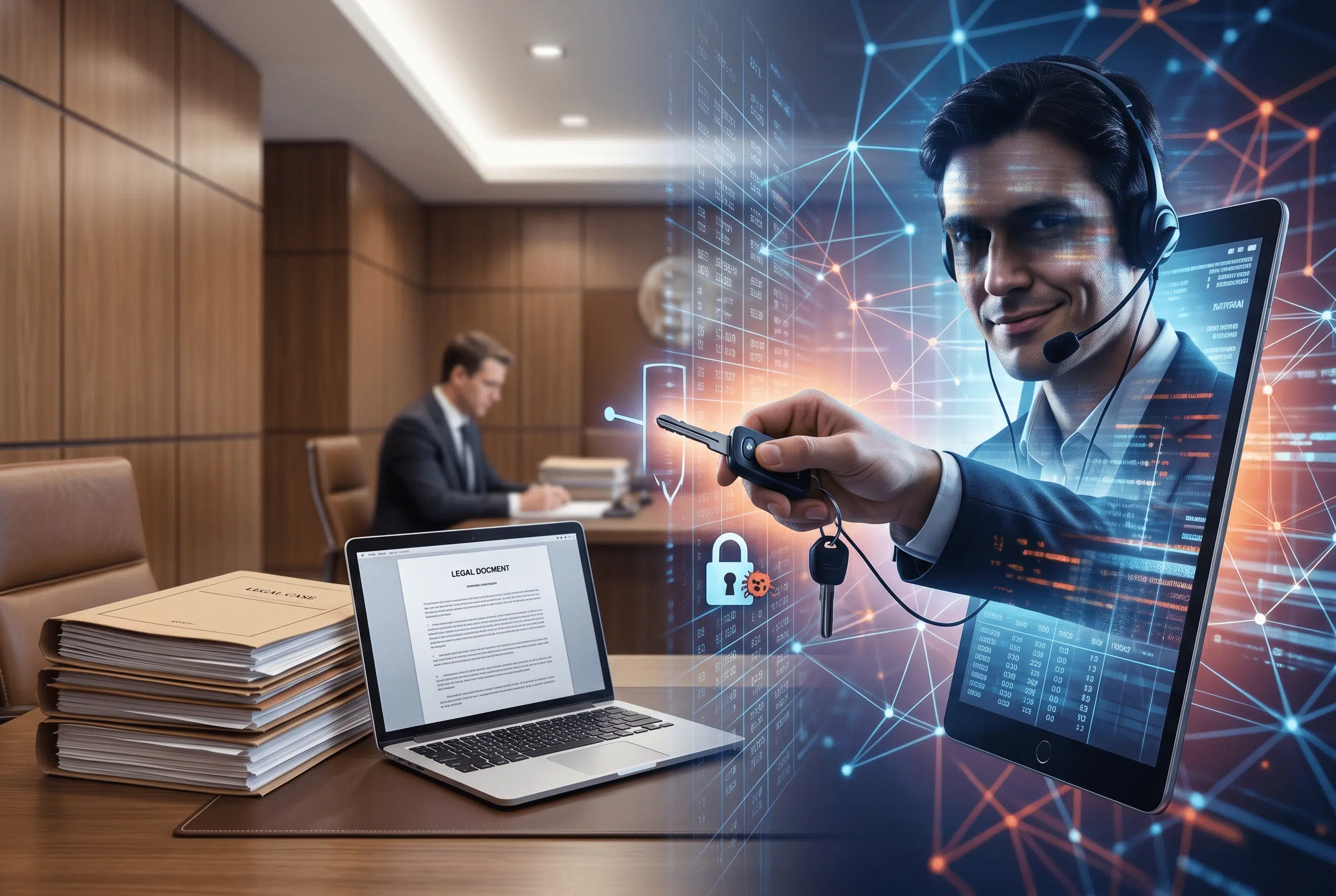 Conceptual image of a hacker breaking into a law firm's computer network.