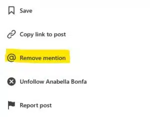 A LinkedIn dropdown menu showing how to remove an at-mention.