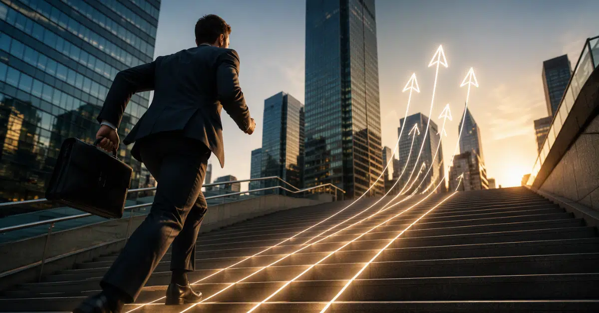 Business professional running up steps toward upward arrows, representing KaufmanIT’s continued growth and Inc. 5000 recognition