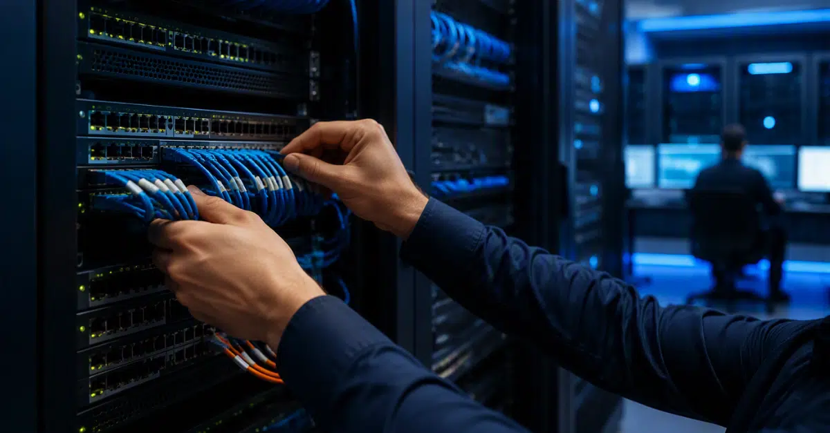 IT technician connecting network cables in a server rack within a data center, supporting business network monitoring and cybersecurity