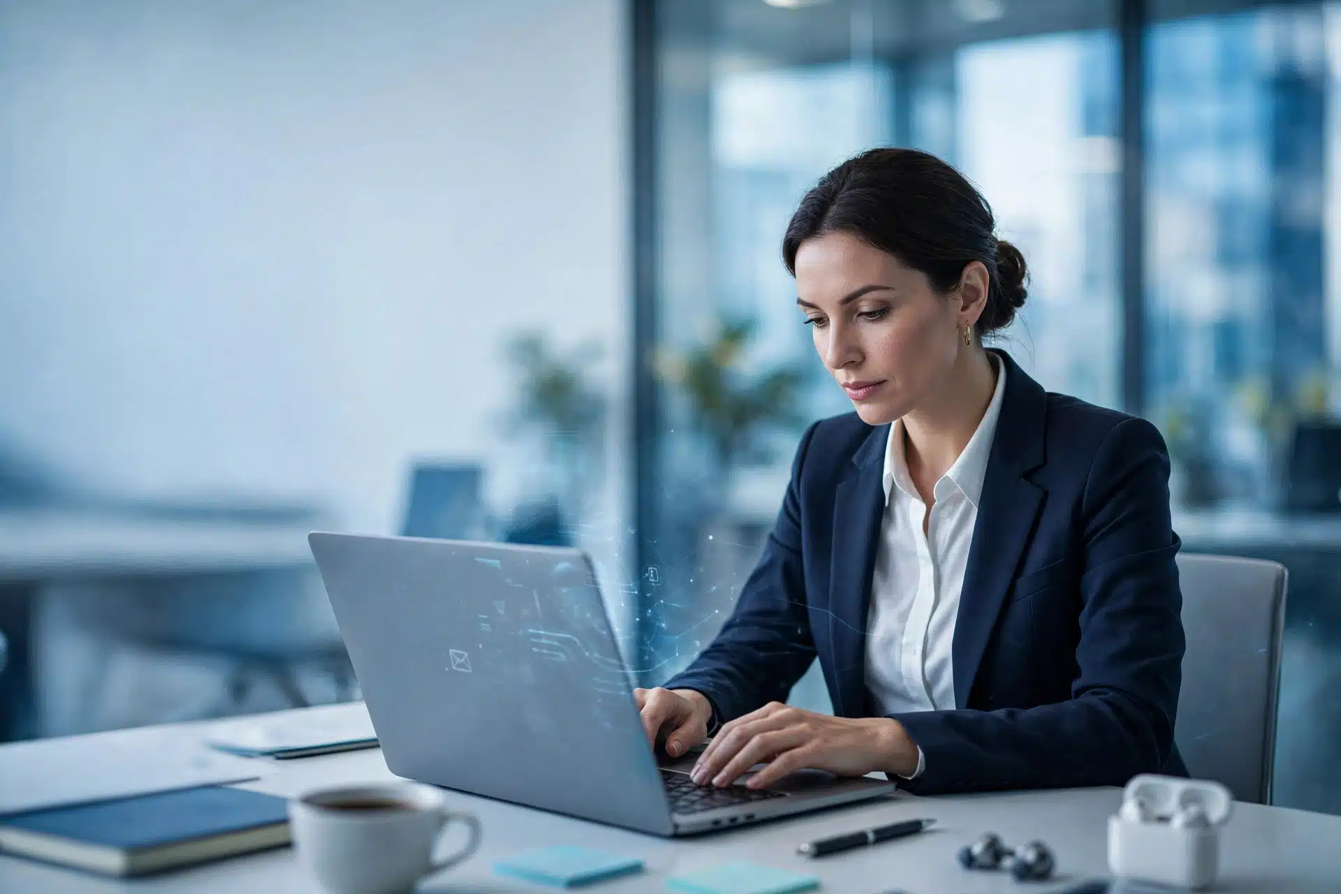 An image of a business person working on a laptop and sending an email