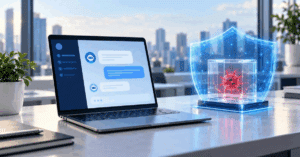 An image of a laptop displaying an AI chat interface, with a looming cyber threat that had been successfully quarantined standing beside it