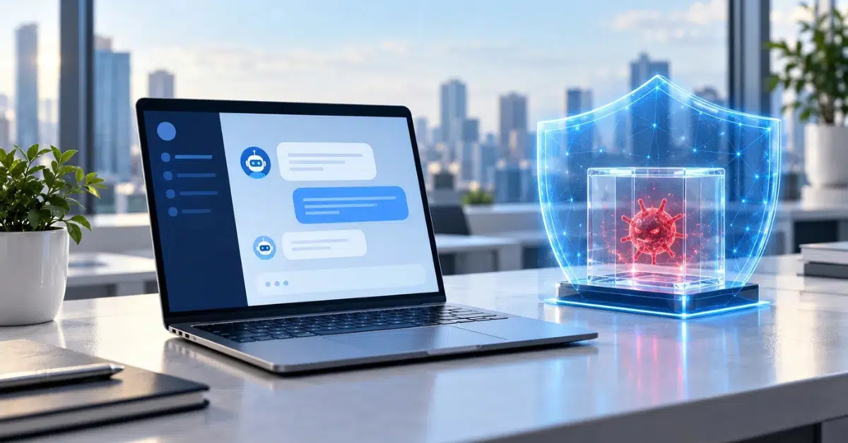 An image of a laptop displaying an AI chat interface, with a looming cyber threat that had been successfully quarantined standing beside it